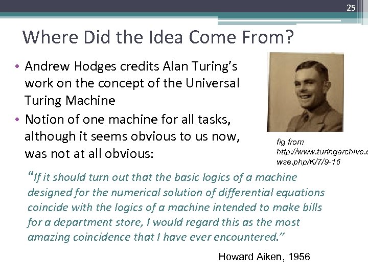 25 Where Did the Idea Come From? • Andrew Hodges credits Alan Turing’s work