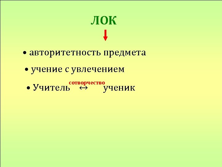 ЛОК • авторитетность предмета • учение с увлечением сотворчество • Учитель ↔ ученик 