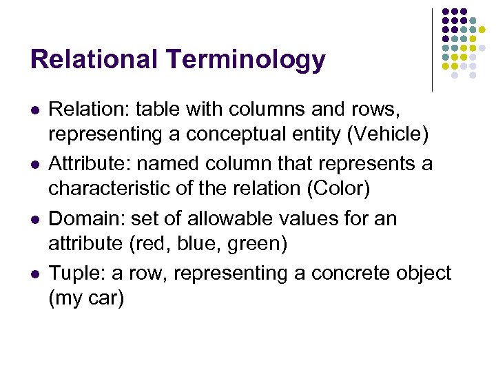 Relational Terminology l l Relation: table with columns and rows, representing a conceptual entity