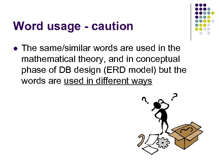 Word usage - caution l The same/similar words are used in the mathematical theory,