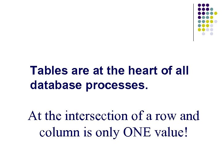 Tables are at the heart of all database processes. At the intersection of a