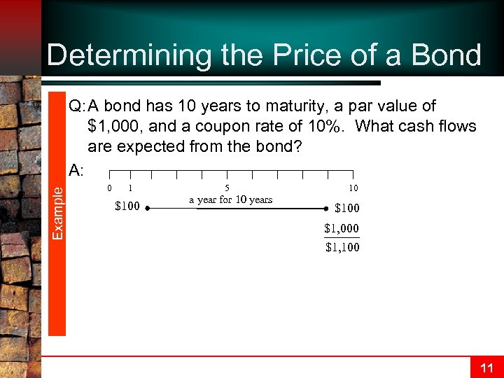 Determining the Price of a Bond Example Q: A bond has 10 years to