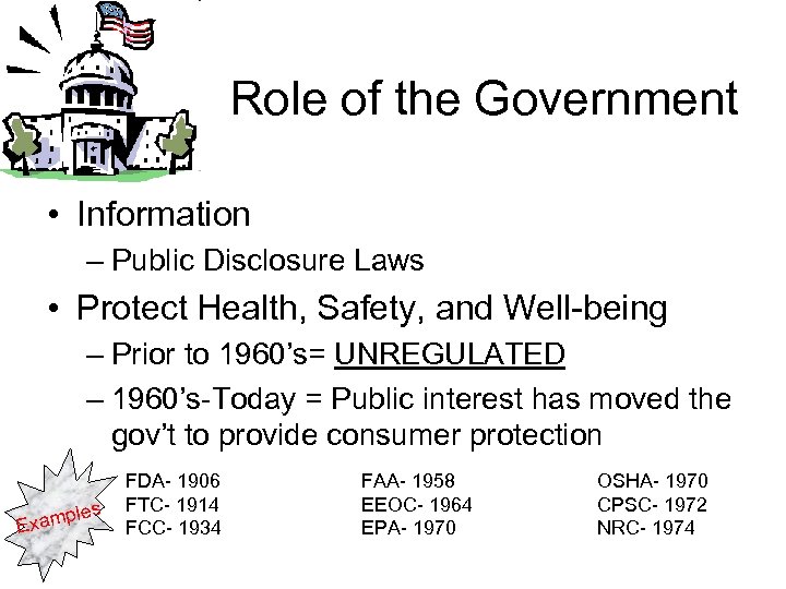 Role of the Government • Information – Public Disclosure Laws • Protect Health, Safety,