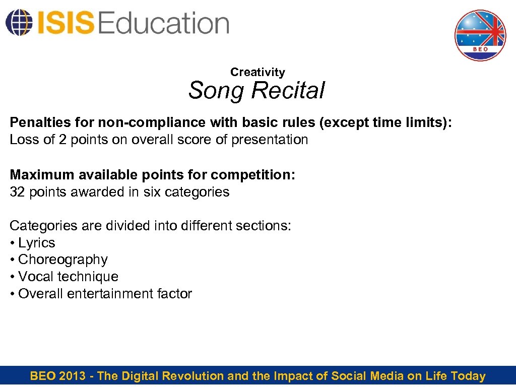 Creativity Song Recital Penalties for non-compliance with basic rules (except time limits): Loss of