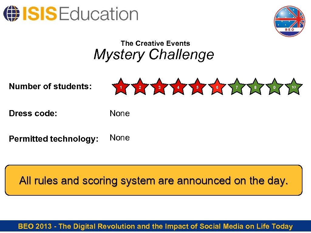 The Creative Events Mystery Challenge Number of students: 1 Dress code: 3 4 5
