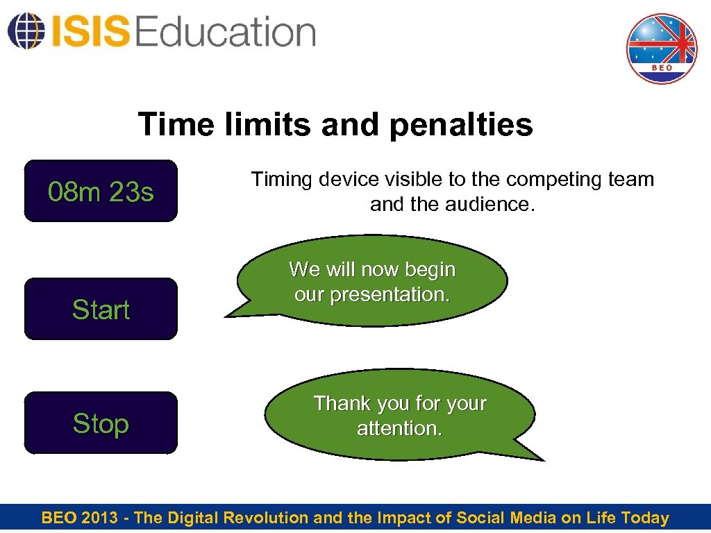 Time limits and penalties 08 m 23 s Start Stop Timing device visible to
