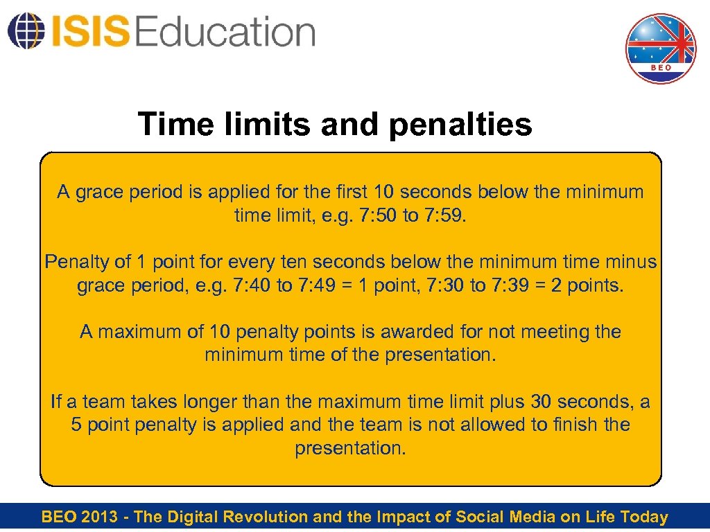 Time limits and penalties A grace period is applied for the first 10 seconds