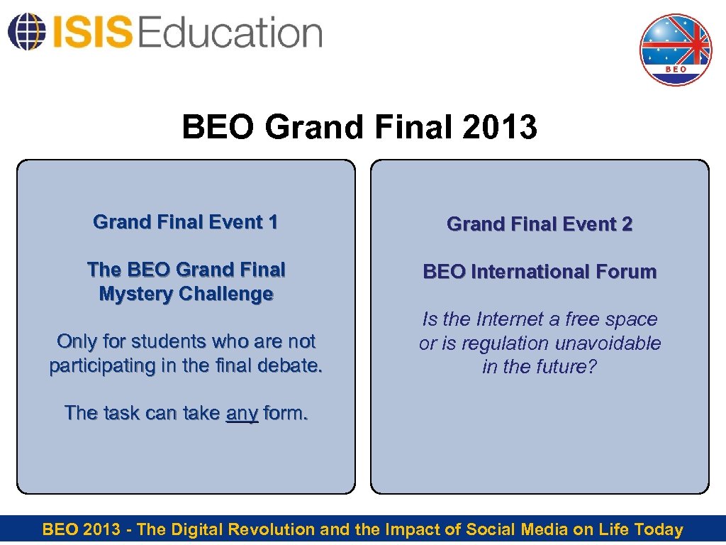 BEO Grand Final 2013 Grand Final Event 1 Grand Final Event 2 The BEO