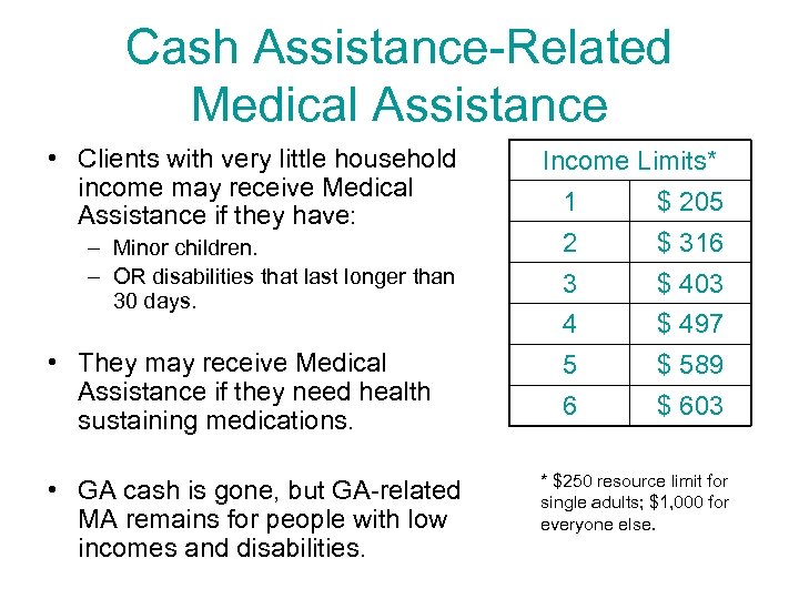 Cash Assistance-Related Medical Assistance • Clients with very little household income may receive Medical