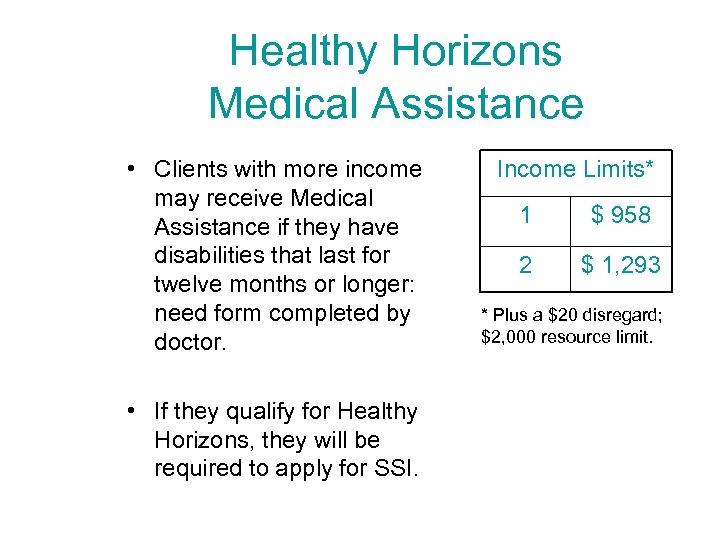 Healthy Horizons Medical Assistance • Clients with more income may receive Medical Assistance if