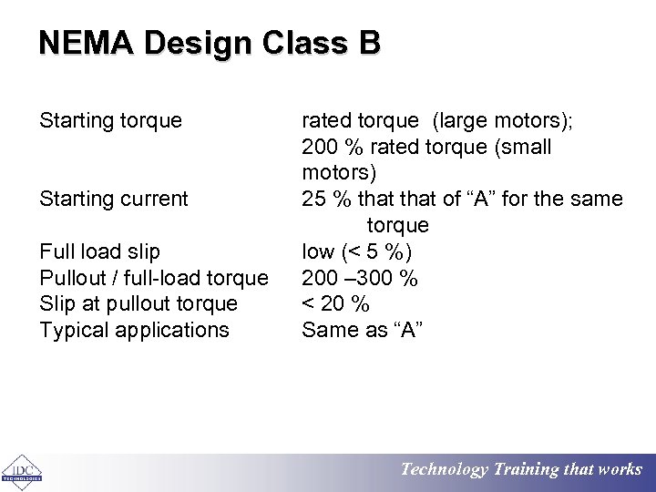 NEMA Design Class B Starting torque Starting current Full load slip Pullout / full-load