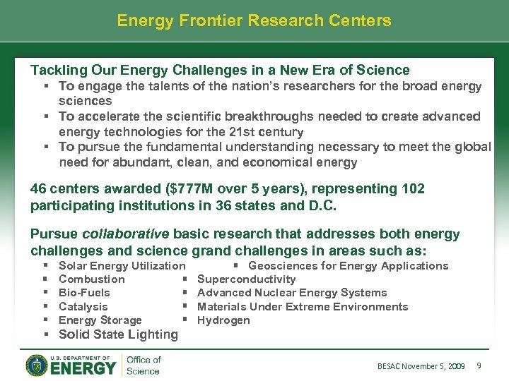 Energy Frontier Research Centers Tackling Our Energy Challenges in a New Era of Science