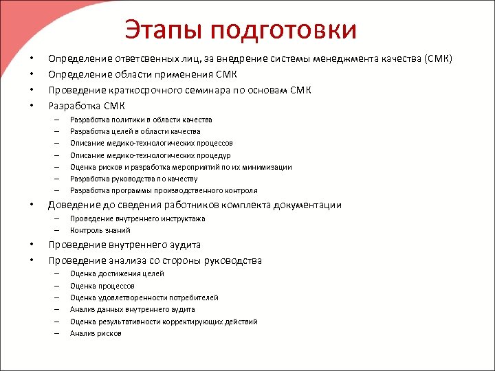 Этапы подготовки • • Определение ответсвенных лиц, за внедрение системы менеджмента качества (СМК) Определение