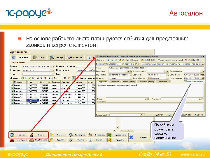 Автосалон На основе рабочего листа планируются события для предстоящих звонков и встреч с клиентом.