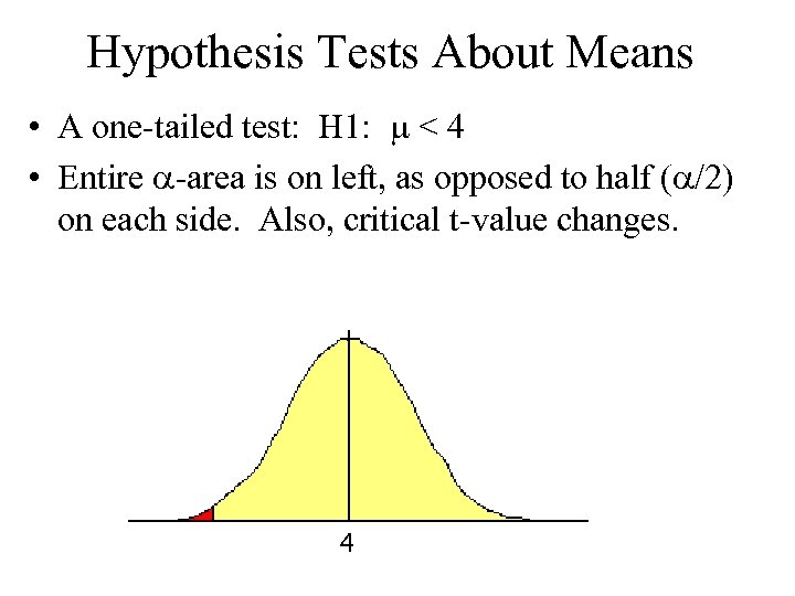 Hypothesis Tests About Means • A one-tailed test: H 1: < 4 • Entire