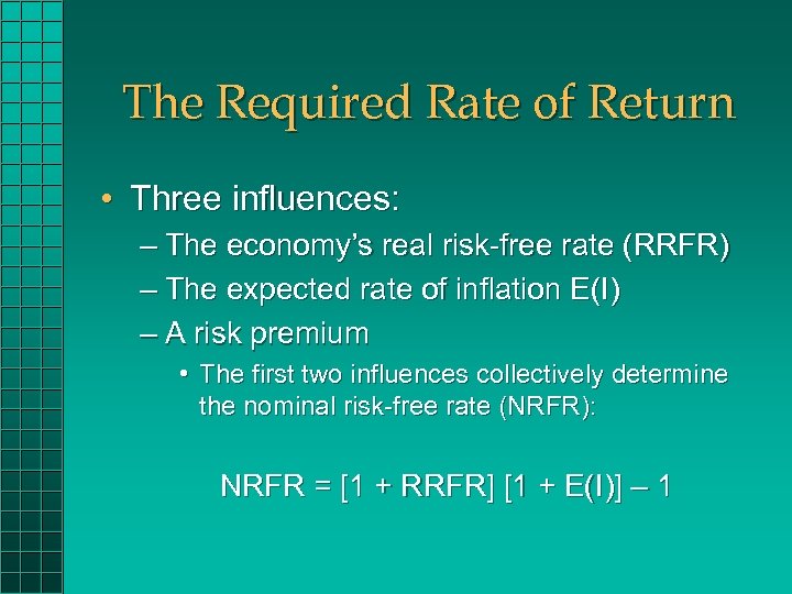 The Required Rate of Return • Three influences: – The economy’s real risk-free rate