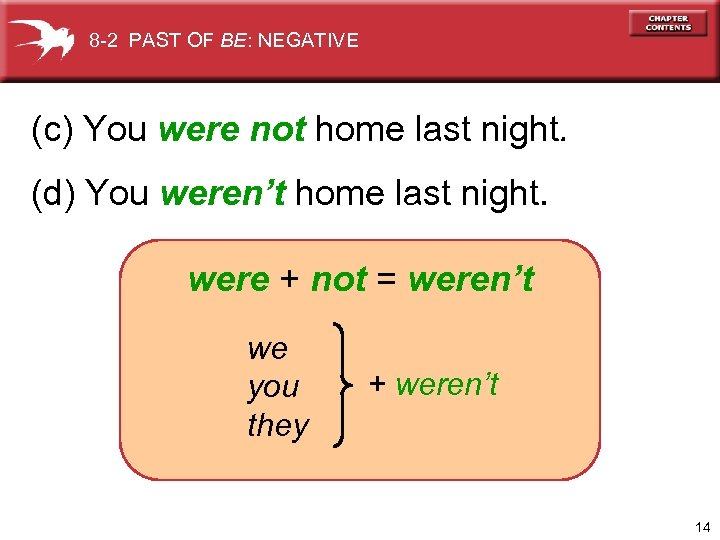 8 -2 PAST OF BE: NEGATIVE (c) You were not home last night. (d)