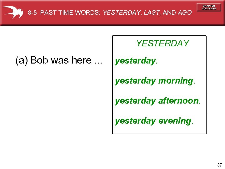 8 -5 PAST TIME WORDS: YESTERDAY, LAST, AND AGO YESTERDAY (a) Bob was here.