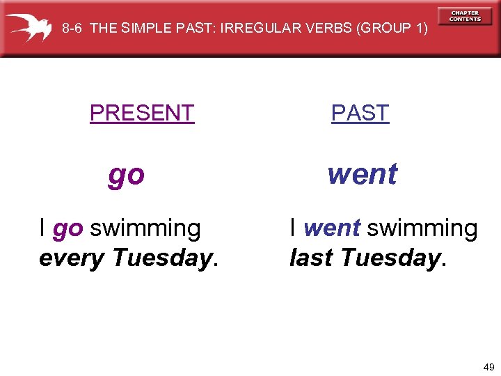 8 -6 THE SIMPLE PAST: IRREGULAR VERBS (GROUP 1) PRESENT go I go swimming