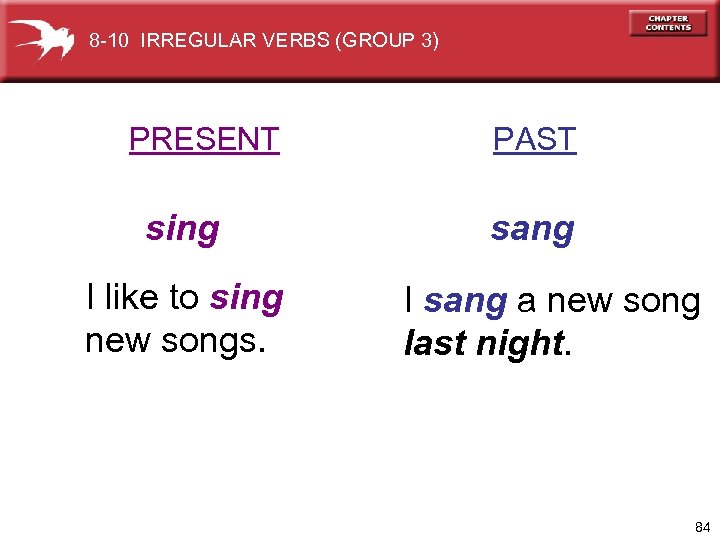 8 -10 IRREGULAR VERBS (GROUP 3) PRESENT sing I like to sing new songs.