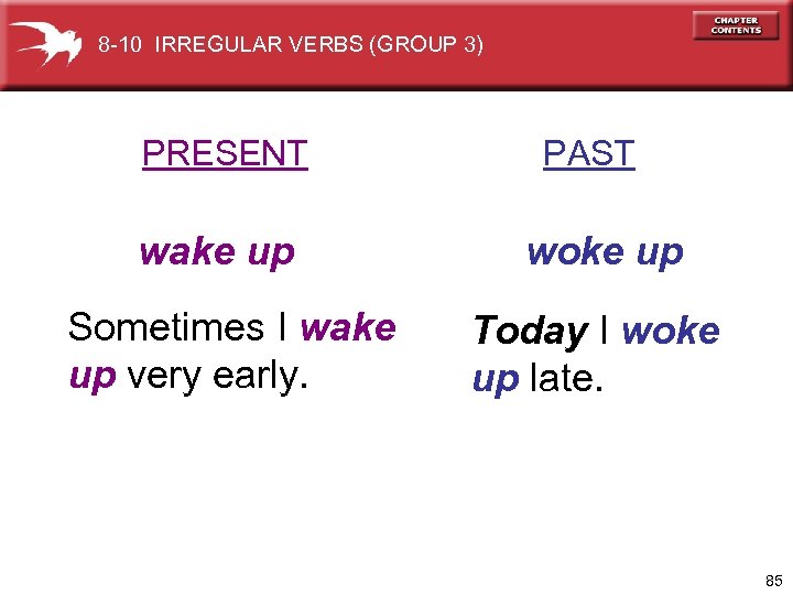 8 -10 IRREGULAR VERBS (GROUP 3) PRESENT wake up Sometimes I wake up very