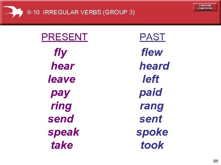 8 -10 IRREGULAR VERBS (GROUP 3) PRESENT PAST fly hear leave pay ring send