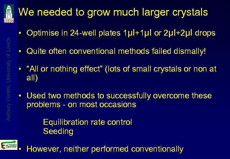 Astbury Centre, University of Leeds We needed to grow much larger crystals • Optimise