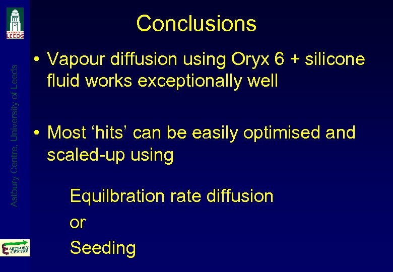 Astbury Centre, University of Leeds Conclusions • Vapour diffusion using Oryx 6 + silicone