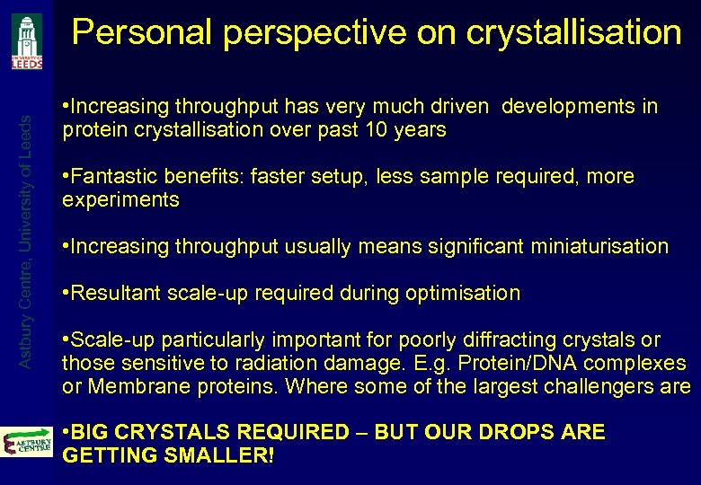 Astbury Centre, University of Leeds Personal perspective on crystallisation • Increasing throughput has very