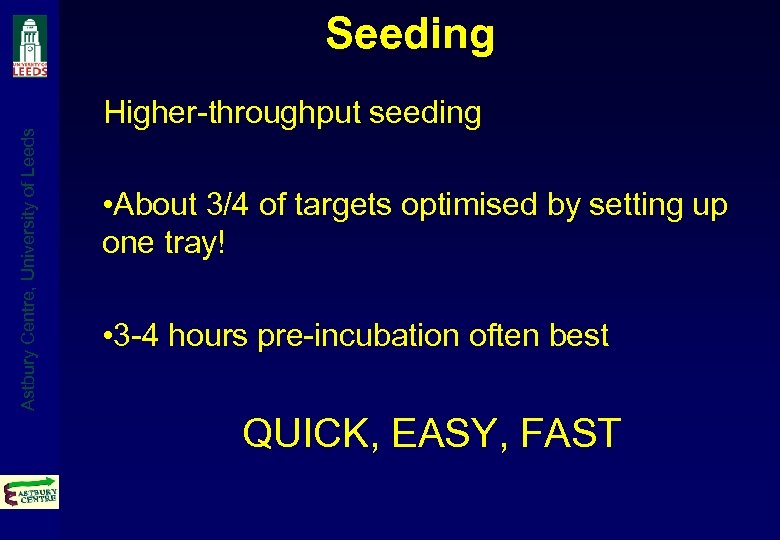 Astbury Centre, University of Leeds Seeding Higher-throughput seeding • About 3/4 of targets optimised