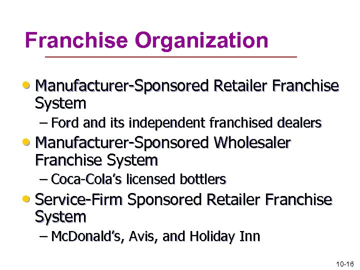 Franchise Organization • Manufacturer-Sponsored Retailer Franchise System – Ford and its independent franchised dealers