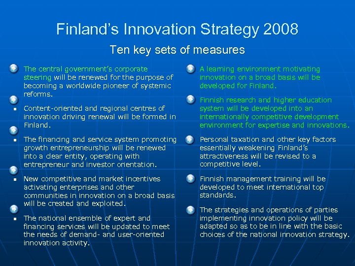 Finland’s Innovation Strategy 2008 Ten key sets of measures n The central government’s corporate