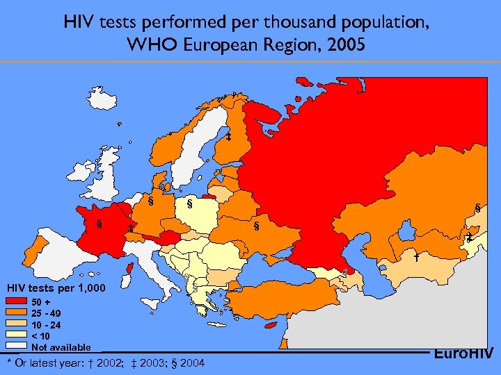 HIV tests performed per thousand population, WHO European Region, 2005 ‡ § § §