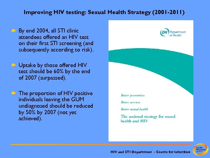 Improving HIV testing: Sexual Health Strategy (2001 -2011) By end 2004, all STI clinic