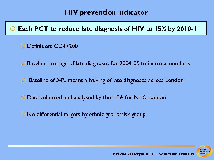 HIV prevention indicator Each PCT to reduce late diagnosis of HIV to 15% by