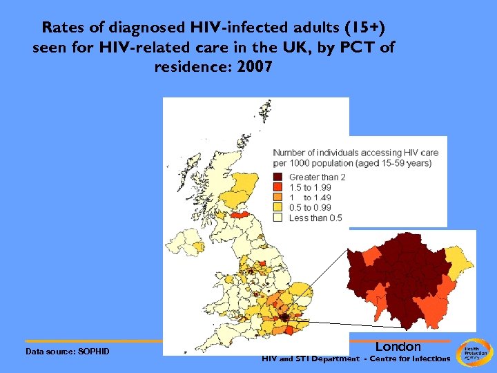 Rates of diagnosed HIV-infected adults (15+) seen for HIV-related care in the UK, by