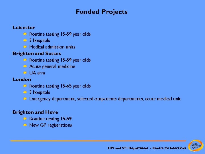 Funded Projects Leicester Routine testing 15 -59 year olds 3 hospitals Medical admission units