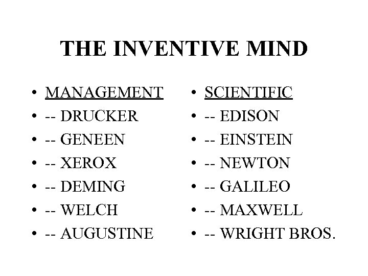 THE INVENTIVE MIND • • MANAGEMENT -- DRUCKER -- GENEEN -- XEROX -- DEMING