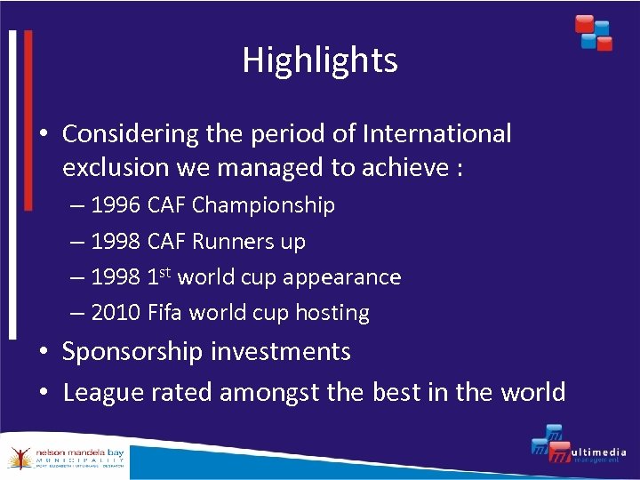 Highlights • Considering the period of International exclusion we managed to achieve : –