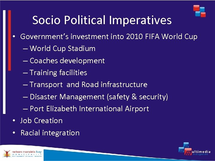 Socio Political Imperatives • Government’s investment into 2010 FIFA World Cup – World Cup