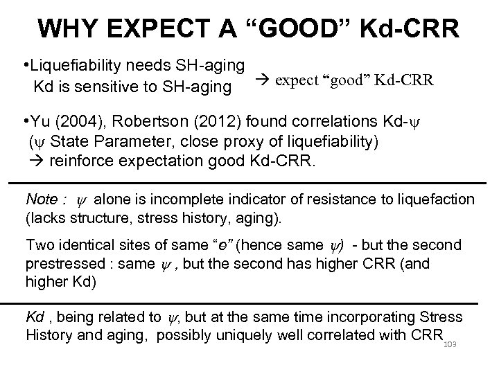 WHY EXPECT A “GOOD” Kd-CRR • Liquefiability needs SH-aging Kd is sensitive to SH-aging