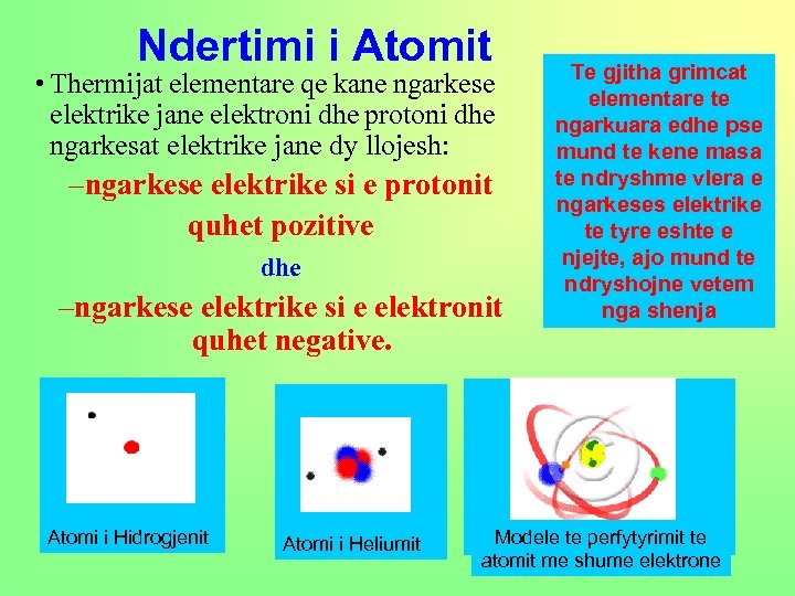 Ndertimi i Atomit • Thermijat elementare qe kane ngarkese elektrike jane elektroni dhe protoni