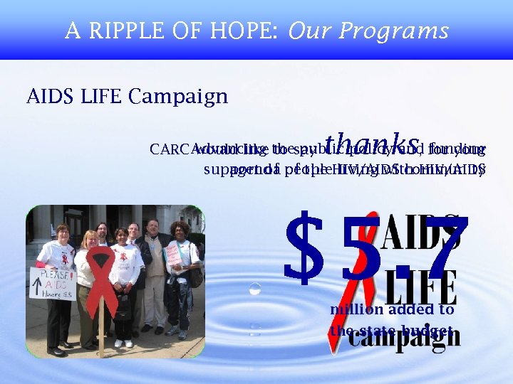 A RIPPLE OF HOPE: Our Programs AIDS LIFE Campaign thanks CARC Advancing thesay would