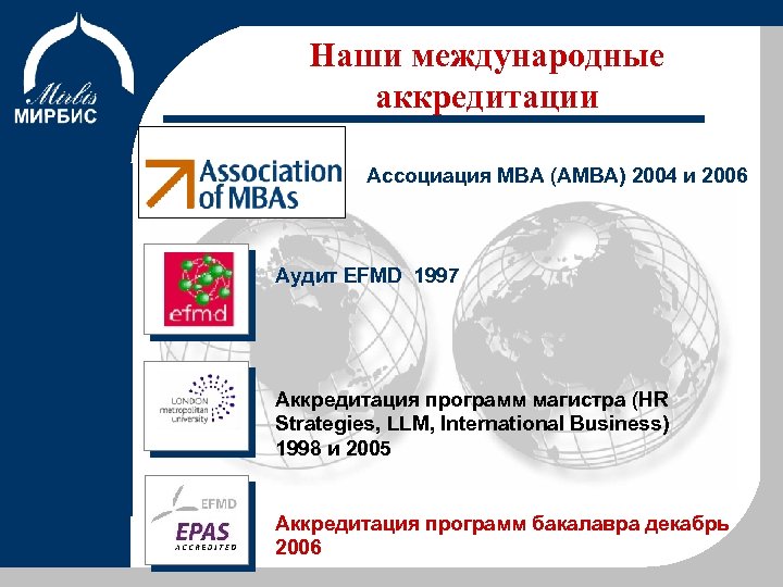 Наши международные аккредитации Об Институте Программы Ассоциация МВА (АМВА) 2004 и 2006 Аудит EFMD