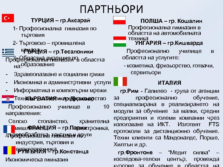 ПАРТНЬОРИ ТУРЦИЯ – гр. Аксарай 1 - Професионална гимназия по търговия 2 - Търговско