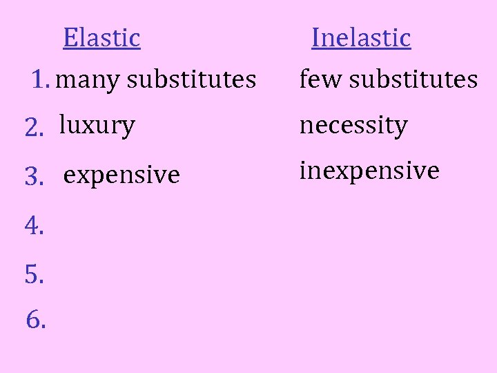 Elastic 1. many substitutes Inelastic few substitutes 2. luxury necessity 3. expensive inexpensive 4.