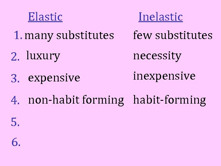 Elastic 1. many substitutes Inelastic few substitutes 2. luxury necessity 3. expensive inexpensive 4.