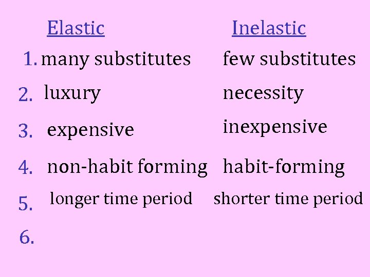 Elastic 1. many substitutes Inelastic few substitutes 2. luxury necessity 3. expensive inexpensive 4.