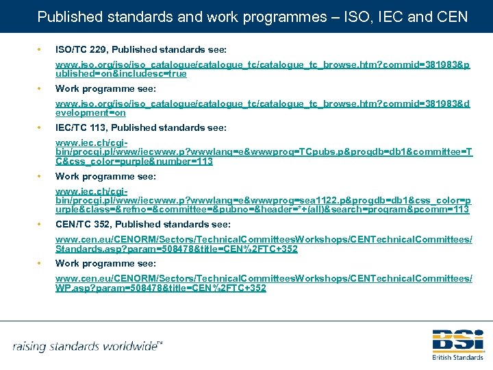 Published standards and work programmes – ISO, IEC and CEN • ISO/TC 229, Published