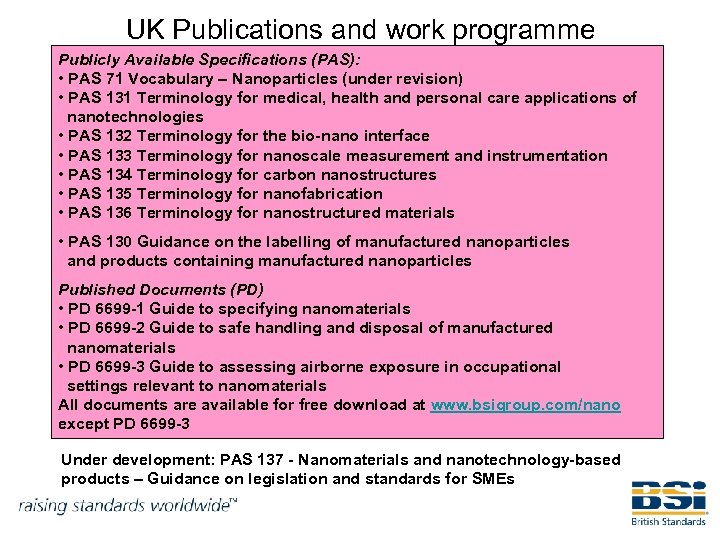 UK Publications and work programme Publicly Available Specifications (PAS): • PAS 71 Vocabulary –